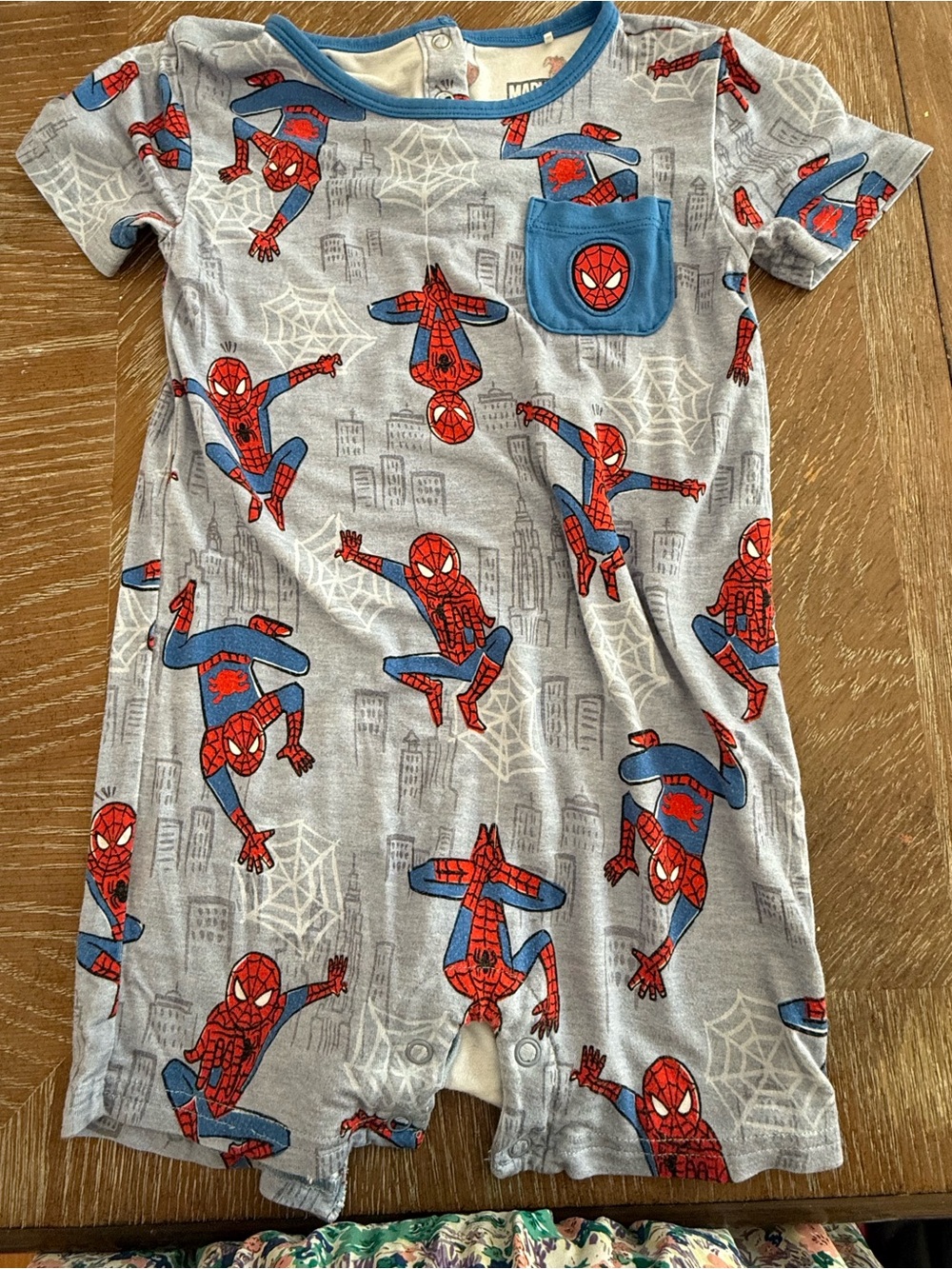 Little Sleepies Gray Spider-Man Short Sleeve One-Piece Romper with Blue Pocket